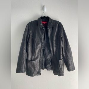 Anne Klein 100% leather black lined bomber jacket collar blazer front pocket | M